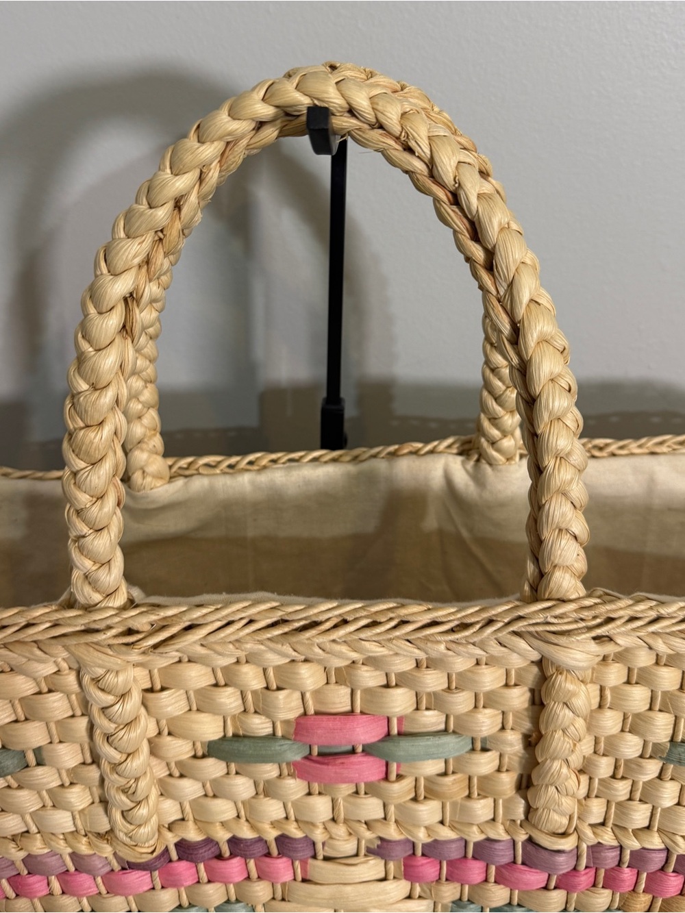 Vintage Straw Tote Market Bag Woven Pastel Pink Blue Purple Diamond Pattern - Picture 6 of 16